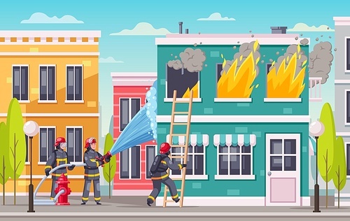 Firefighters cartoon composition of urban landscape with modern architecture and burning house with group of firemen vector illustration