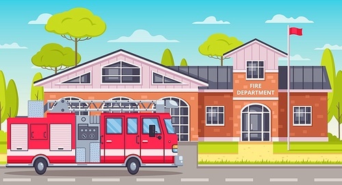 Firefighters cartoon composition with outdoor landscape and fire fighting vehicle in front of fire department building vector illustration