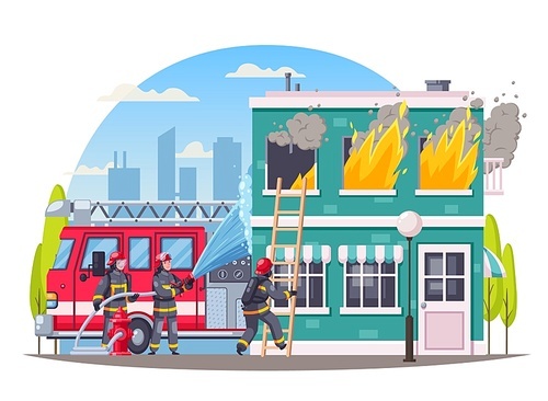 Firefighters cartoon round composition with cityscape background and burning house with firemen crew putting blaze out vector illustration