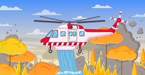 Firefighters cartoon composition with forest landscape and burning trees with smoke clouds and water bombing helicopter vector illustration