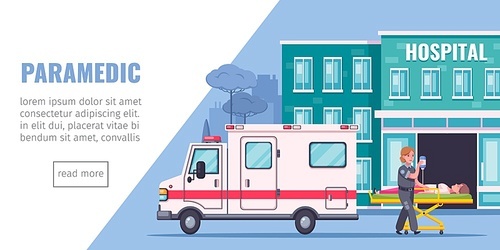 Paramedic aid cartoon page with hospital ambulance aand reanimation symbols vector illustration