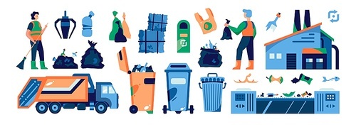 Garbage recycling horizontal set with waste sorting symbols flat isolated vector illustration