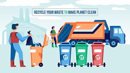 Waste recycling composition with editable text and view of garbage truck and collectors near waste bins vector illustration