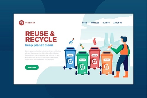 Garbage recycling concept banner for website with clickable buttons links editable text and waste separation images vector illustration