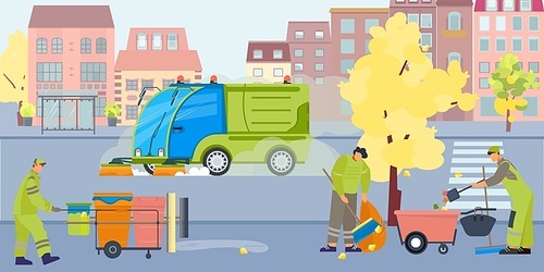 Street cleaning dust flat composition with outdoor view of city street with cleaner vehicles and people vector illustration