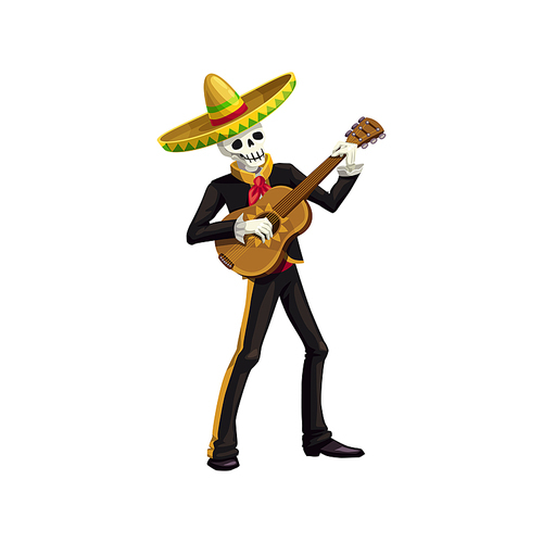 Human skeleton in sombrero hat and black suit playing on guitar. Vector Cinco de Mayo day of dead