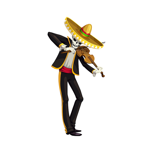 Mexican mariachi, dead skeleton playing on violin. Vector dead man skull in sombrero hat and Mexico suit