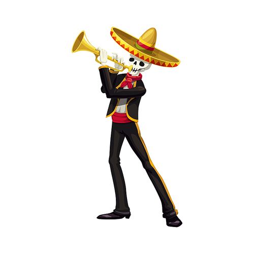 Dead zombie skeleton playing on trumpet isolated Cinco de Mayo character. Vector mexican musician