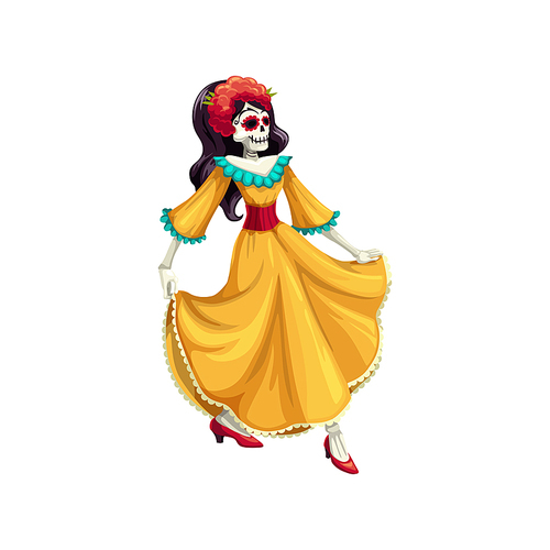 Woman with painted calavera skull isolated dancer in dress. Vector Cinco de mayo holiday