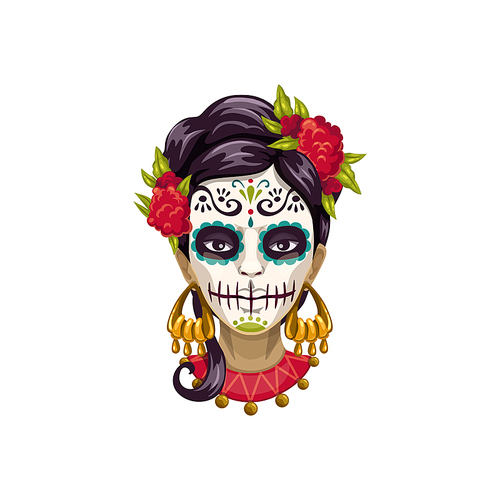 Woman in Catrina Calavera skull painting, mexican Day of dead symbol. Vector sugar face isolated