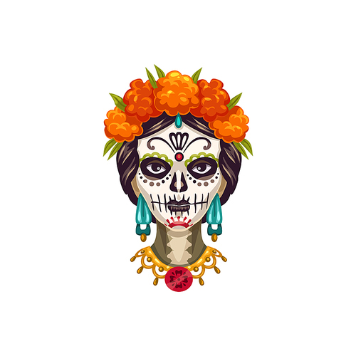 Mexican woman face painted as Catrina Calavera skull isolated. Vector girl with marigold flowers in hair
