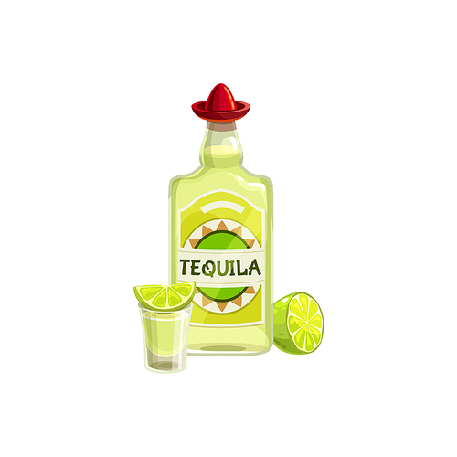 Tequila bottle with sombrero cap hat isolated. Vector glass and piece of lime, Mexican spirit drink