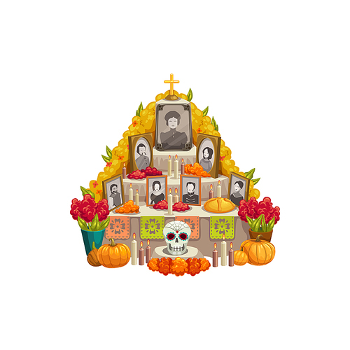 Dia de los muertos altar with offerings to Day of Dead isolated. Vector family photos, pumpkins and flowers