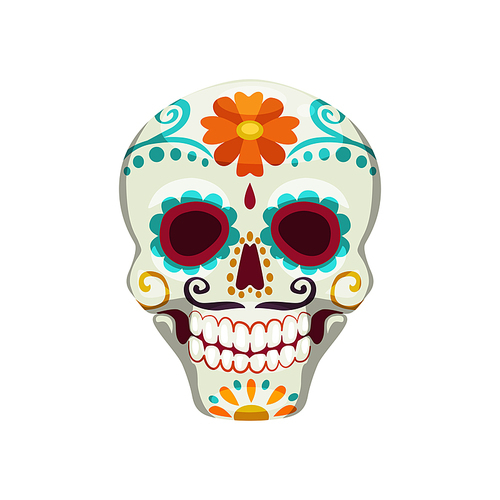 Cinco de Mayo sugar skull decorated by marigold flower isolated. Vector sweet skeleton head