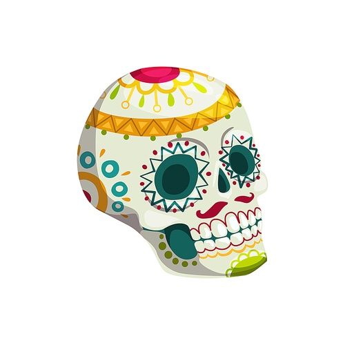 Profile of skull with mexican ornaments isolated dead human head. Vector sweet Calavera treat