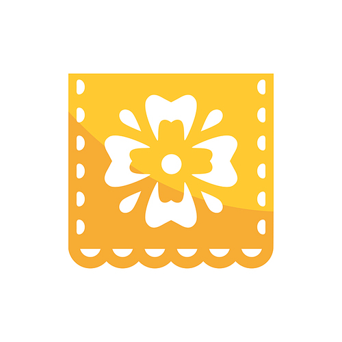 Paper cut flag garland with floral ornament isolated icon. Vector Dia de los muertos bunting decor