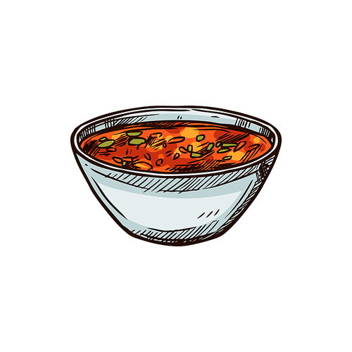 Mexican hot soup with beef isolated national cuisine food. Vector spicy tomato broth in bowl