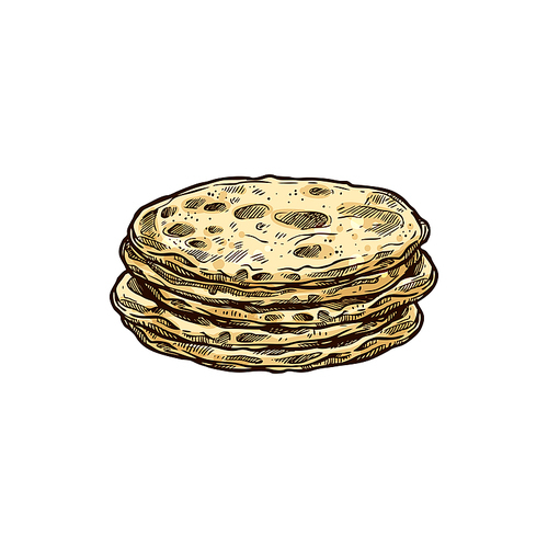 Stack of mexican tortillas isolated flatbread food. Vector flat corn bread, pastry snack