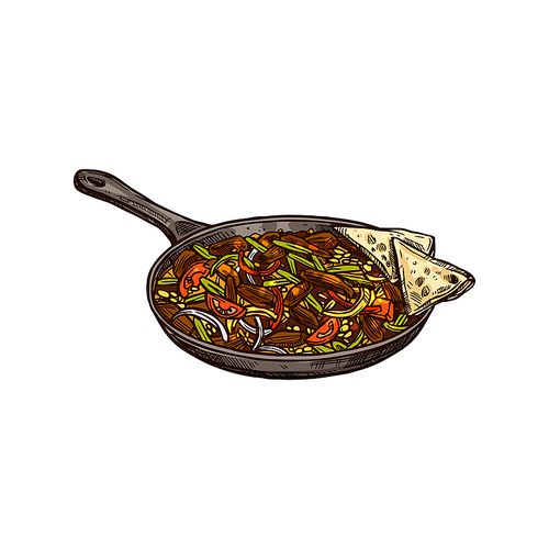 Beef fajitas with color pepper in pan isolated sketch. Vector Mexican food with tortilla and sauce
