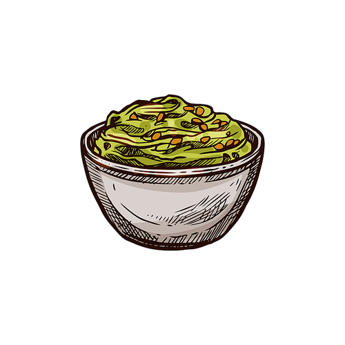 Salsa verde isolated traditional green mexican sauce. Vector bowl with wasabi, spicy food