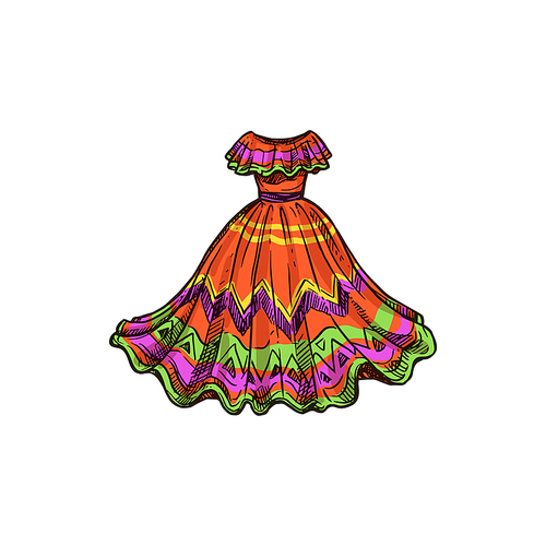 Huipil garment isolated traditional mexican dress sketch. Vector Mexico indigenous women gown