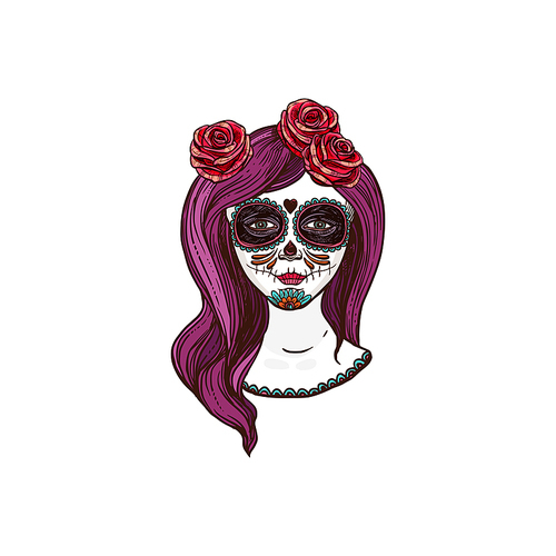Woman skull with long hair decorated by flowers isolated sketch. Vector Catrina Calavera, Cinco de mayo