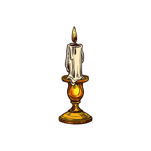 Burning wax candle with flame isolated sketch. Vector guttering candle in candlestick