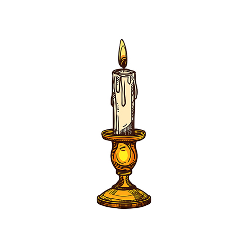 Wax burning candle in candlestick isolated sketch. Vector candelabra with flickering candle