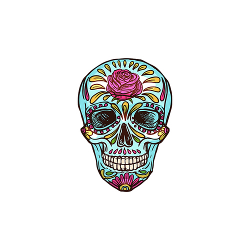 Skull decorated by rose flower isolated sketch. Vector Cinco de mayo head skeleton
