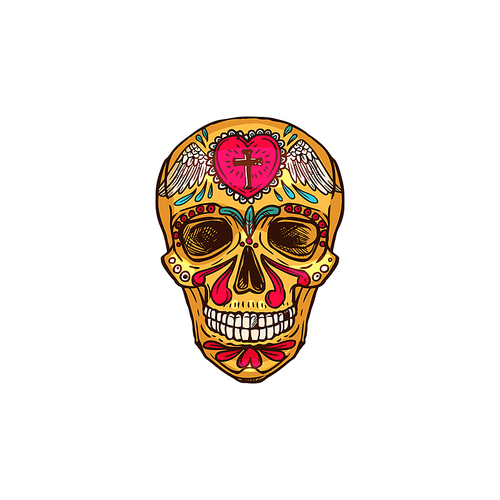 Skull with heart and cross decorated by wings isolated vector sketch, Cinco de Mayo