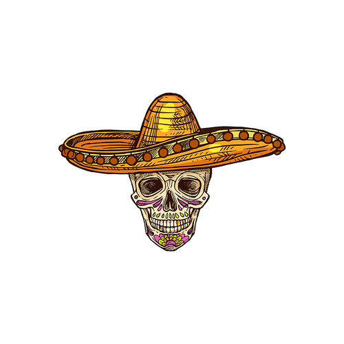 Skull in sombrero hat isolated calavera head sketch. Vector Cinco de Mayo day of dead symbol
