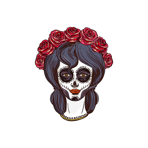 Catrina Calavera skull mexican Day of death symbol isolated. Vector dead woman with long hair decorated by flowers