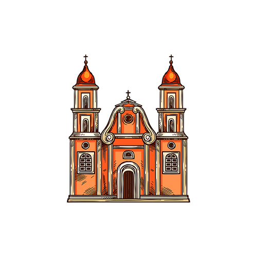 Mexican church isolated building sketch. Vector religious architecture of Mexico, temple landmark