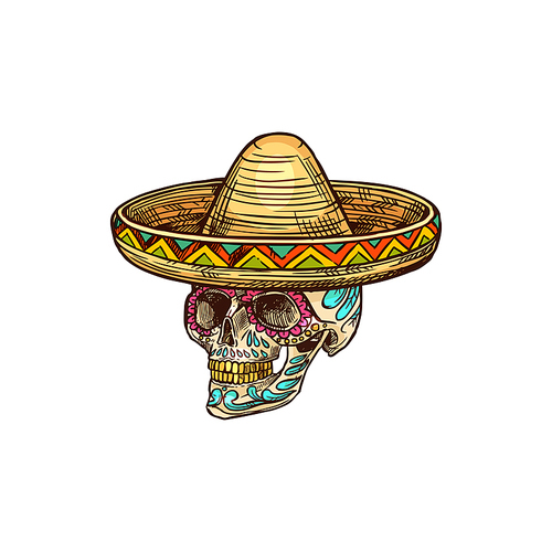 Skull with ornaments on face isolated dead sketch. Vector skeleton head in mexican sombrero hat