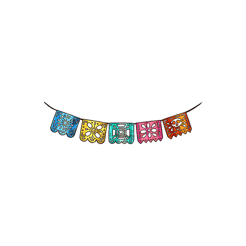Mexican handmade papercut flag or garland with skull and flowers. Vector Day of dead decor