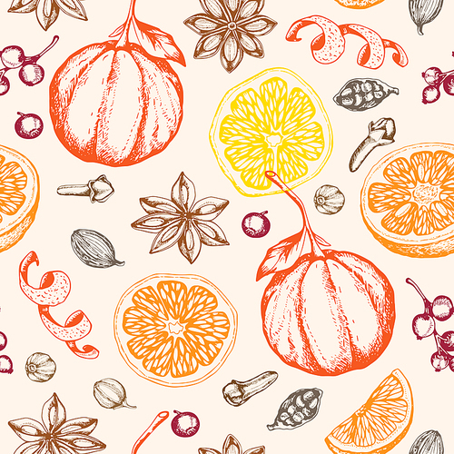 Vintage hand drawn seamless pattern with ingredients and spices for mulled wine. Traditional Christmas food and drink. Vector background.