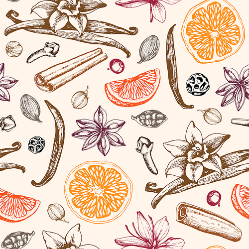 Vintage hand drawn seamless pattern with ingredients ans spices for mulled wine. Traditional Christmas food and drink. Vector background.