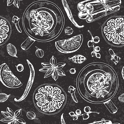 Vintage vector chalk drawing seamless pattern with mulled wine and spices. Traditional Christmas food and drink. Festive background.