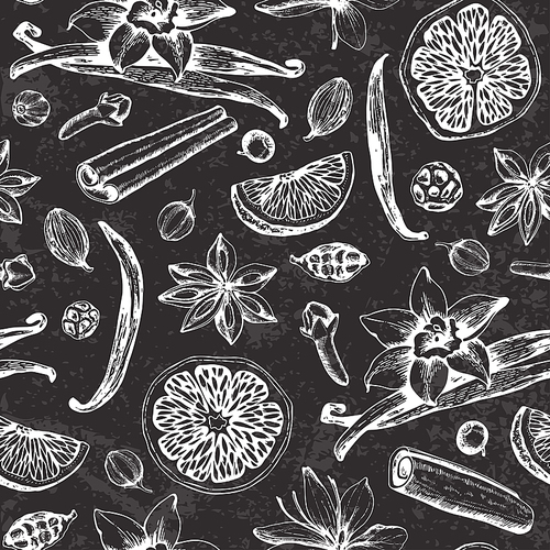 Vintage chalk drawing seamless pattern with ingredients ans spices for mulled wine. Traditional Christmas food and drink. Decorative hand drawn festive background.