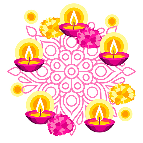 Happy Diwali greeting card. Deepavali or dipavali festival of lights. Indian Holiday background with traditional symbols.