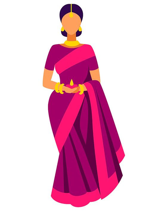 Illustration of Diwali woman with oil lamp. Deepavali or dipavali festival of lights. Indian Holiday image of traditional symbol.