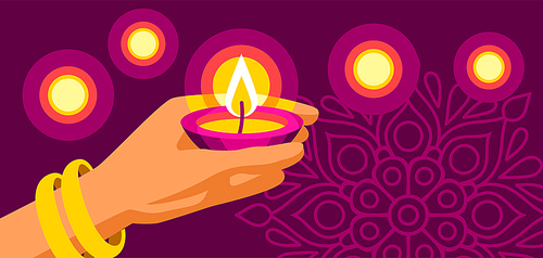 Happy Diwali greeting card. Deepavali or dipavali festival of lights. Indian Holiday background with traditional symbols.