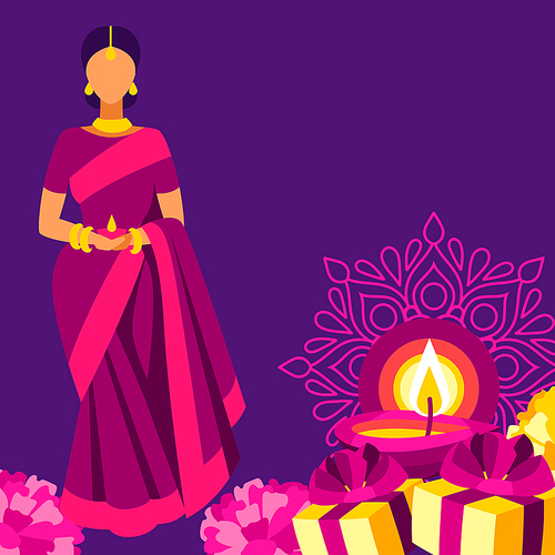 Happy Diwali greeting card. Deepavali or dipavali festival of lights. Indian Holiday background with traditional symbols.