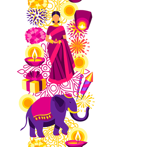 Happy Diwali seamless pattern. Deepavali or dipavali festival of lights. Indian Holiday background with traditional symbols.