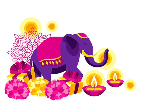 Happy Diwali greeting card. Deepavali or dipavali festival of lights. Indian Holiday background with traditional symbols.