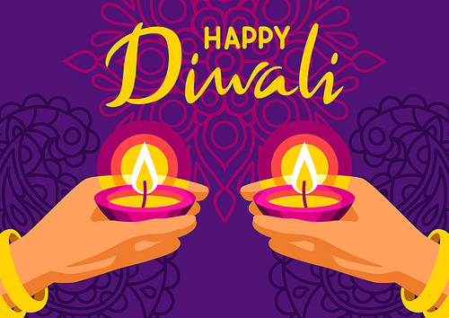 Happy Diwali greeting card. Deepavali or dipavali festival of lights. Indian Holiday background with traditional symbols.