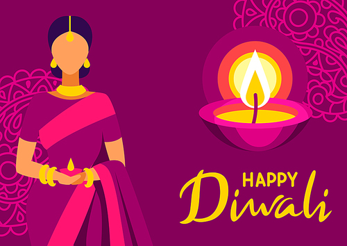 Happy Diwali greeting card. Deepavali or dipavali festival of lights. Indian Holiday background with traditional symbols.