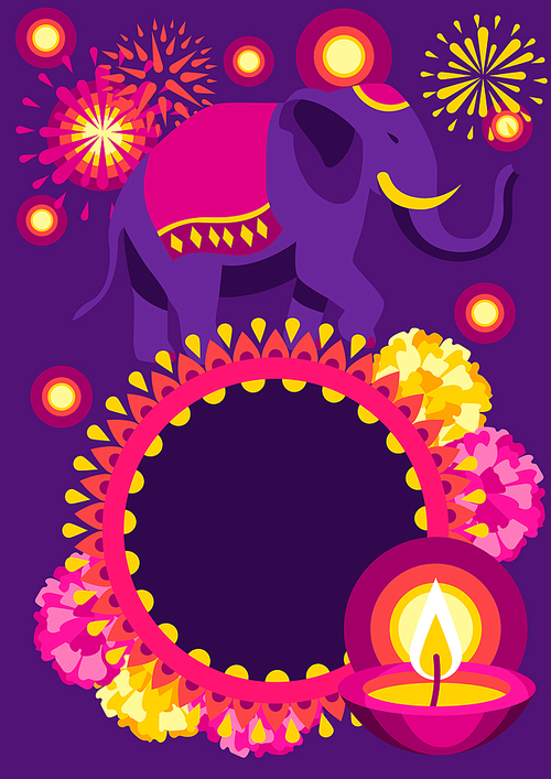 Happy Diwali greeting card. Deepavali or dipavali festival of lights. Indian Holiday background with traditional symbols.