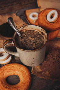 Delicious lifestyle of a warm chocolate cup and sweeties