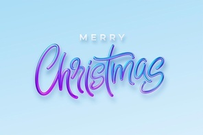 Realistic 3d inscription Merry Christmas isolated on. Hologram shiny blue and pink lettering. Vector illustration EPS10